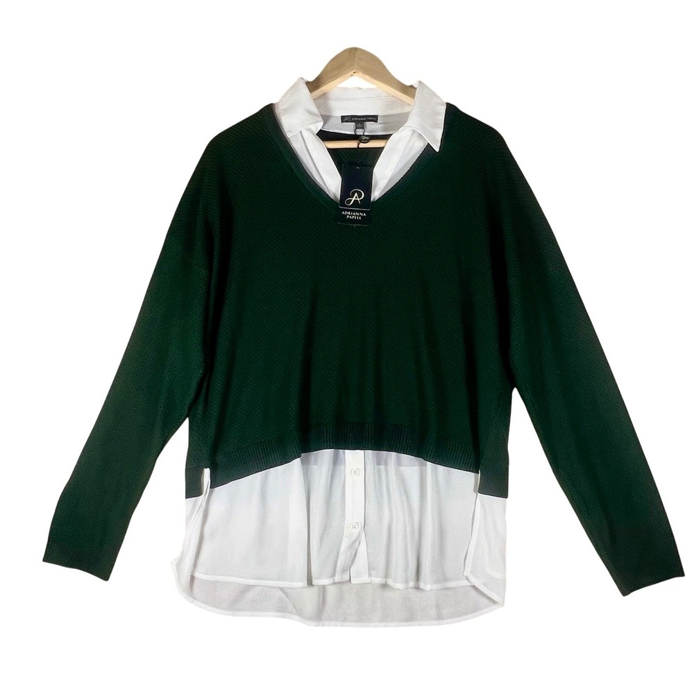 Adrianna Papell Hunter Green TwoFer Layered V-Neck Seed Stitch Sweater Top L